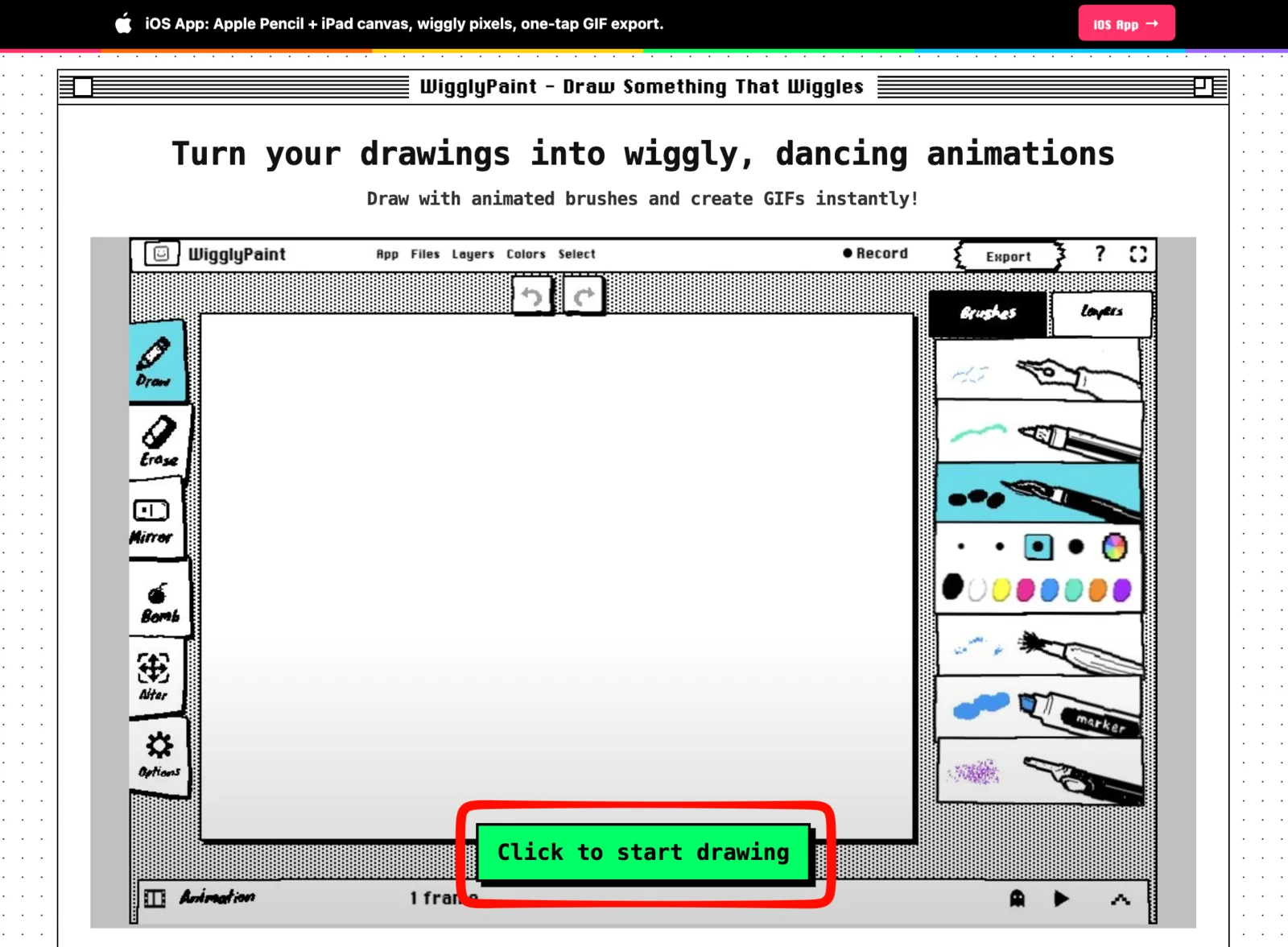ปุ่ม Click to start drawing ในหน้าแรกของเครื่องมือวาดภาพเคลื่อนไหว WigglyPaint