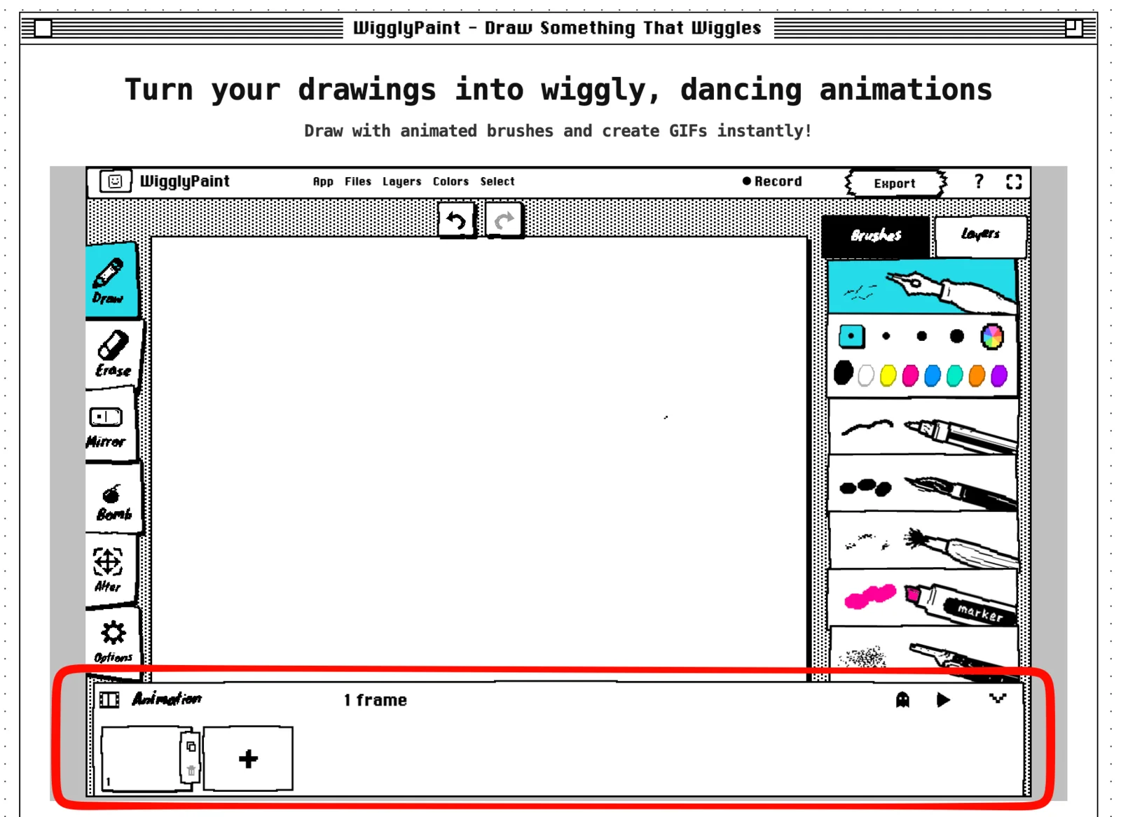 แผงควบคุมเฟรมแอนิเมชันที่เปิดขยายขึ้นมาใน WigglyPaint