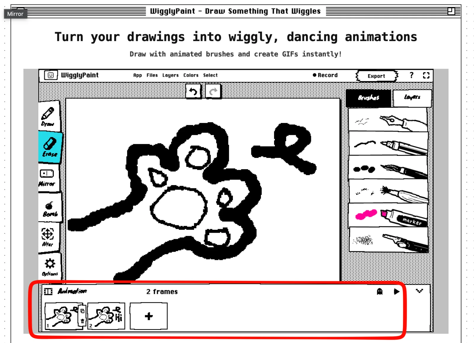 ตัวละครวาดมือเคลื่อนไหวพร้อมเปิดแผงควบคุมเฟรมใน WigglyPaint