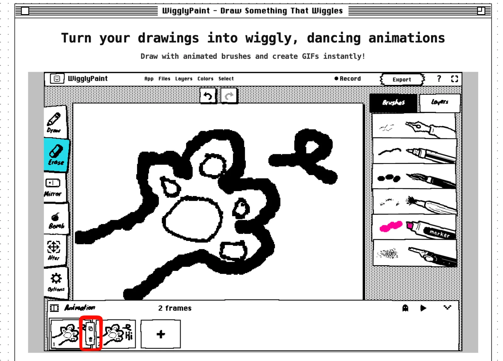 ปุ่มคัดลอกและปุ่มลบที่อยู่ข้างๆ เฟรมแอนิเมชันใน WigglyPaint