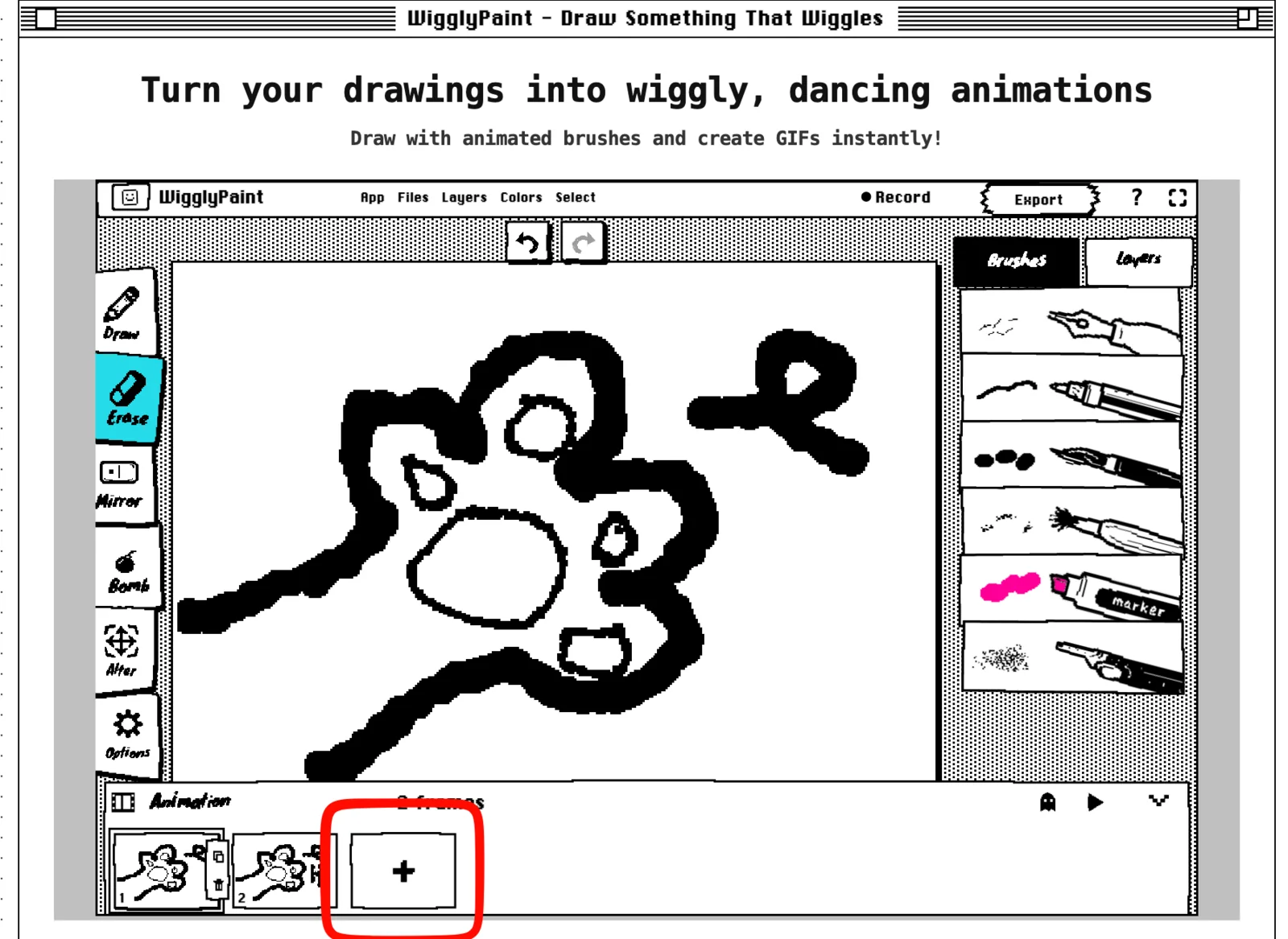 เพิ่มเฟรมแอนิเมชันใหม่ด้วยปุ่มเครื่องหมายบวกใน WigglyPaint