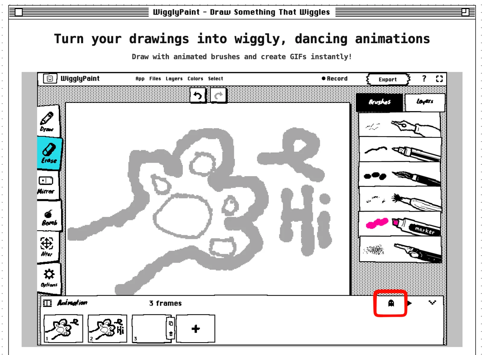 ไกด์ Onion skin แสดงภาพเฟรมก่อนหน้าของ WigglyPaint เป็นสีเทา
