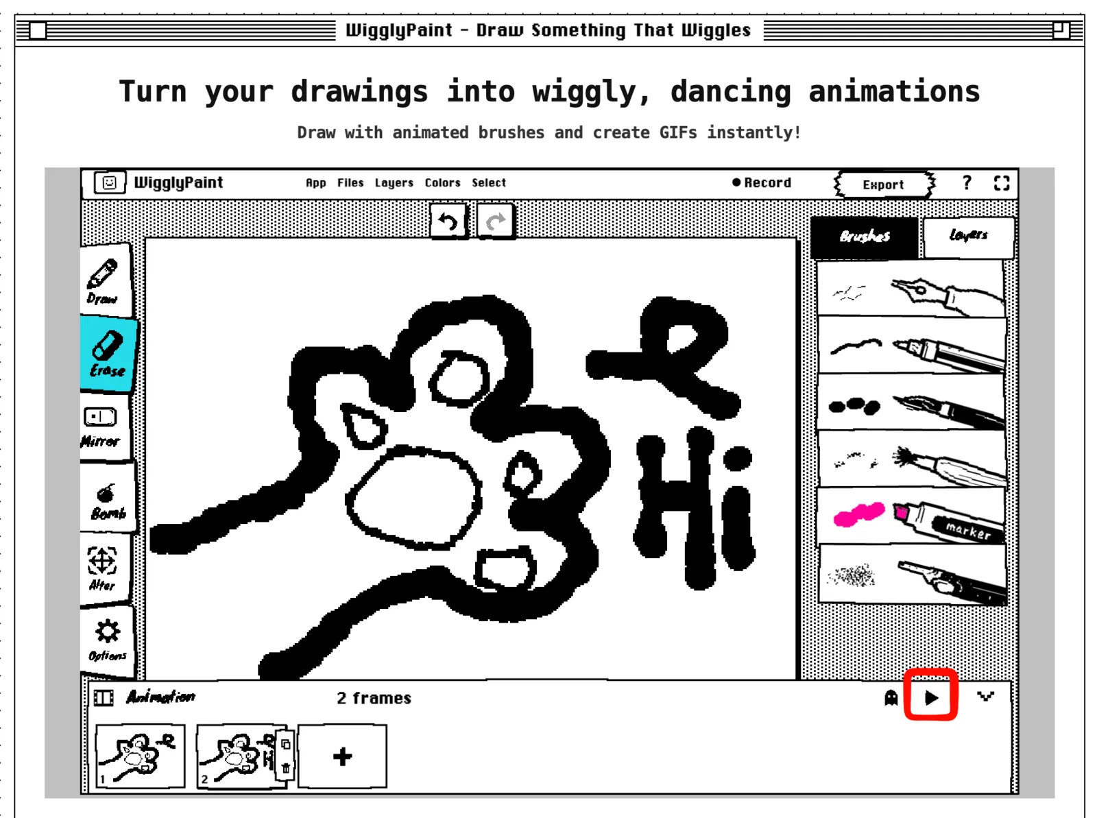 ปุ่ม Play สำหรับดูตัวอย่างแอนิเมชันวนซ้ำใน WigglyPaint