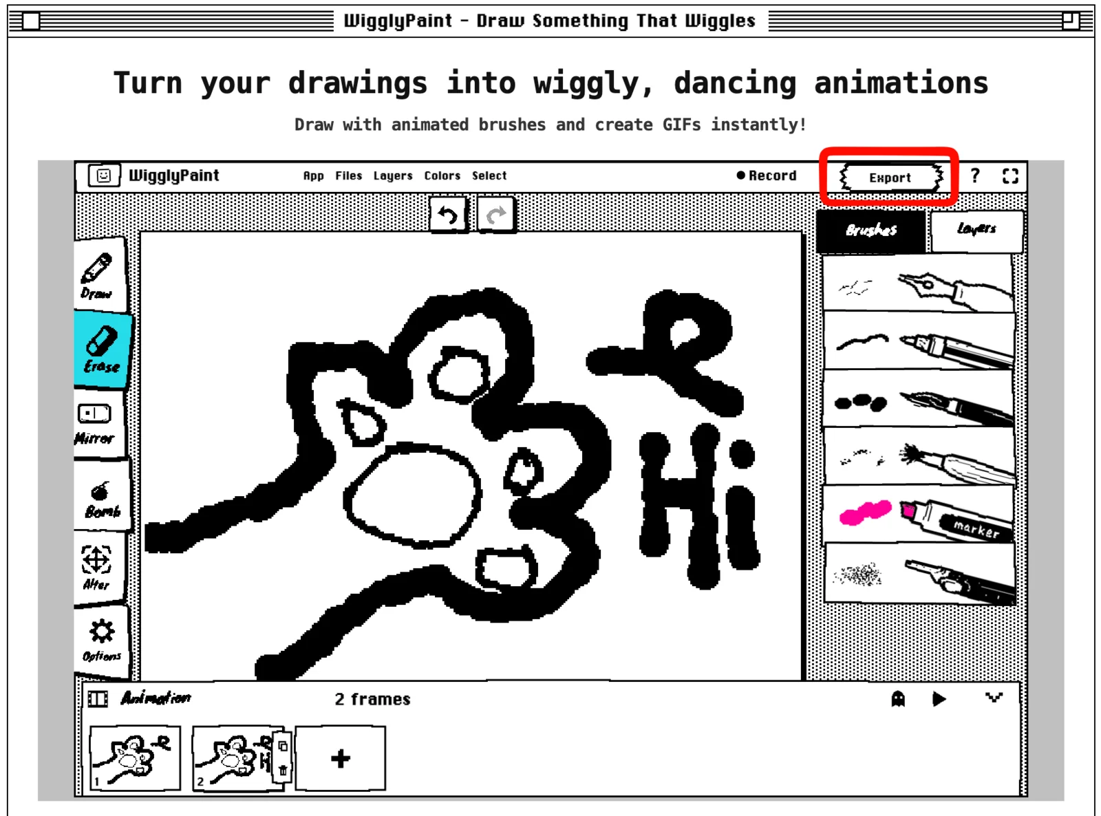 ปุ่ม Export สำหรับบันทึกภาพวาดเคลื่อนไหวของ WigglyPaint เป็นไฟล์ GIF