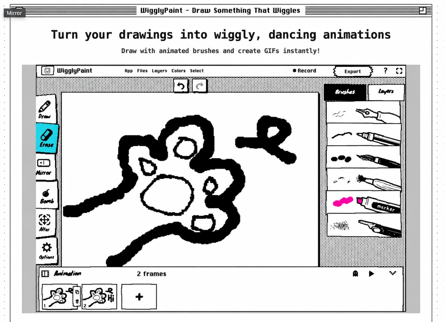 프레임 패널과 재생 컨트롤이 있는 WigglyPaint 애니메이션 만들기 사이트 화면