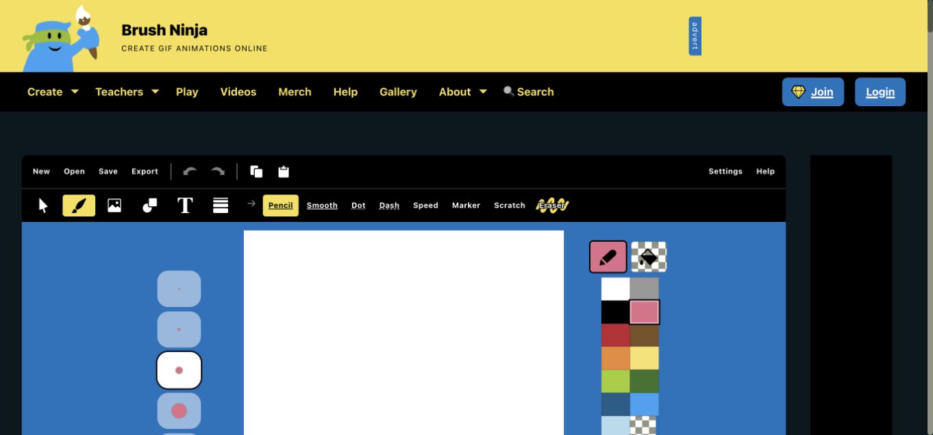 Paparan editor Brush Ninja: kanvas dengan warna, gambar kecil bingkai dan eksport