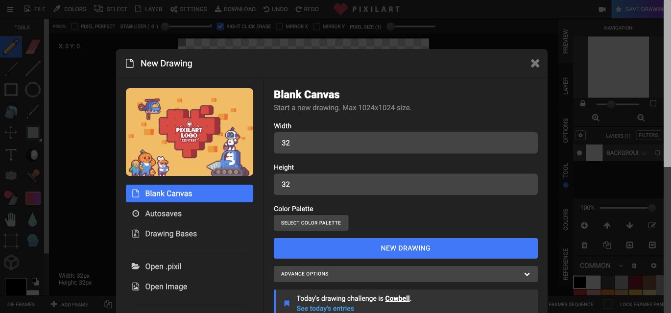 Paparan editor Pixilart: grid piksel dengan lapisan, palet dan bingkai