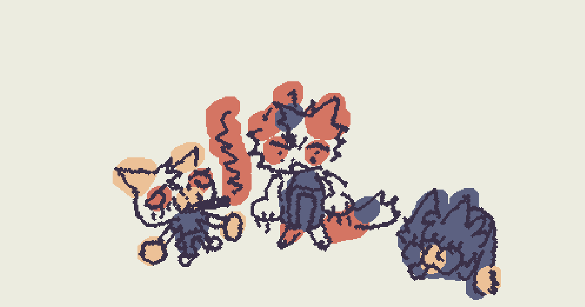 Three animated characters drawn with colorful wiggly lines as drawing ideas