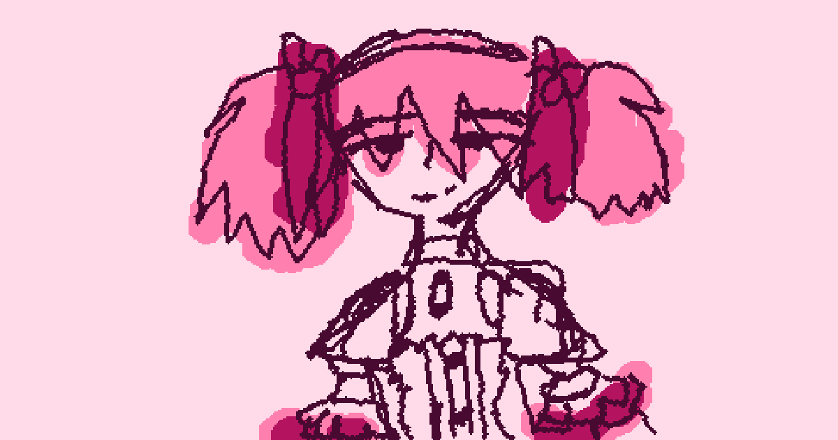 Pink animated drawing of a hand-drawn character made with wiggly lines