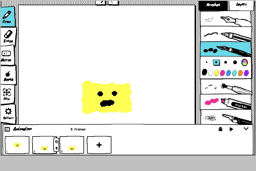 ภาพ GIF วาดมือสามเฟรมในตัวแก้ไข WigglyPaint