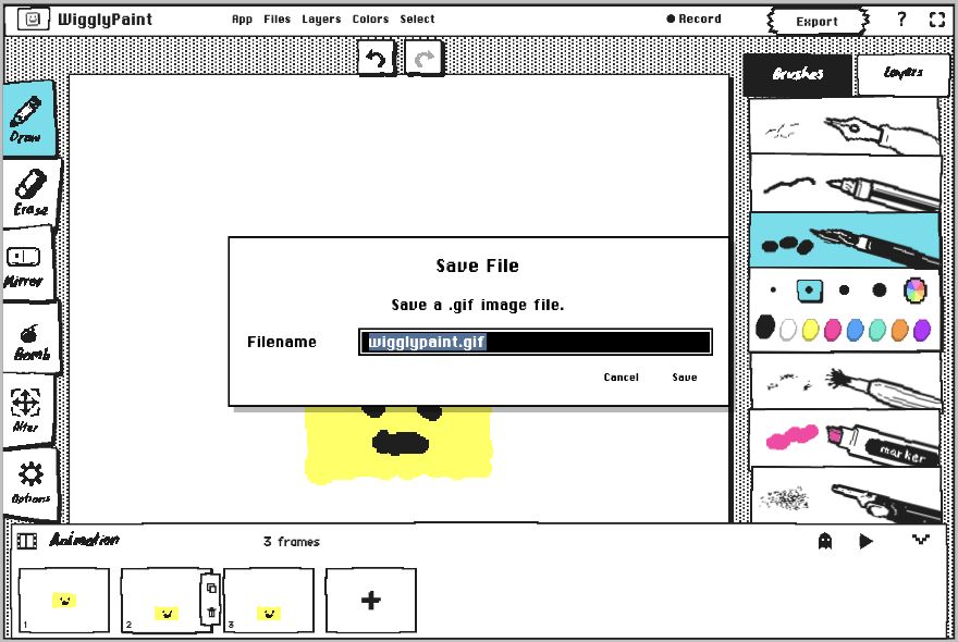 หน้าต่างบันทึกไฟล์สำหรับส่งออก GIF จาก WigglyPaint